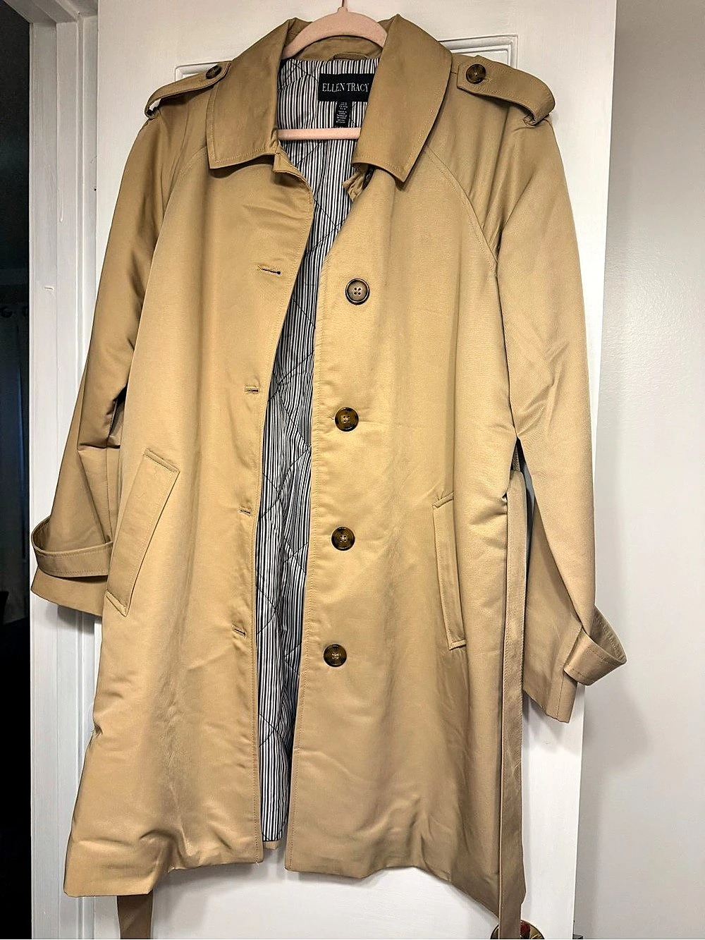 Ellen Tracy Women's Striped Lined Trench Coat in Tan Size Medium